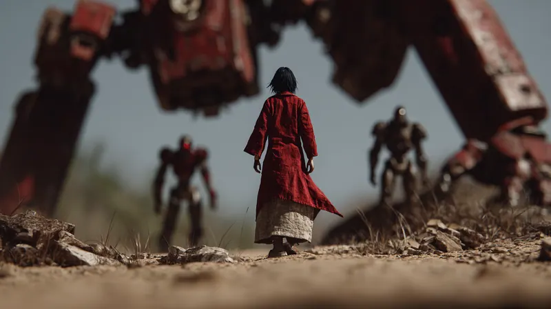 Woman in a red coat walking between giant war machines
