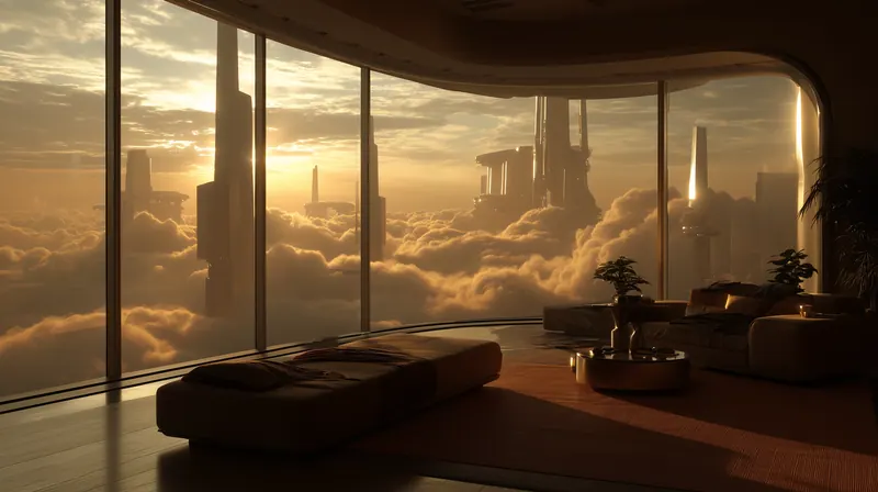 Lounge with tall windows above a sea of clouds at sunset