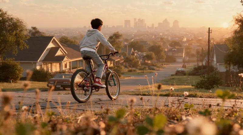 Boy riding a bike through a quiet suburb at sunset