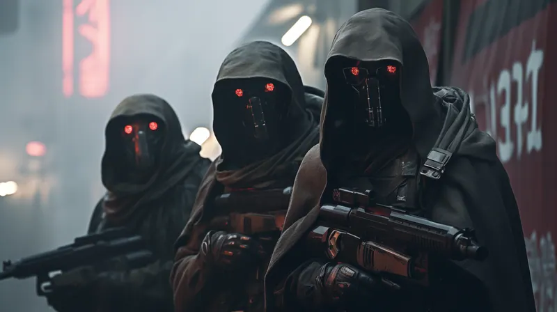 Three hooded figures with glowing red eyes holding rifles