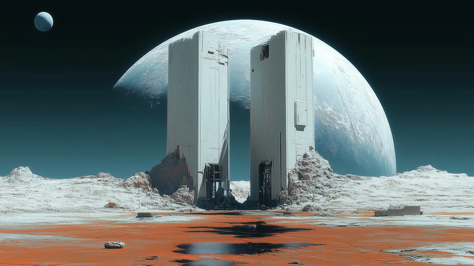 Two white towers in the snow in front of a giant moon