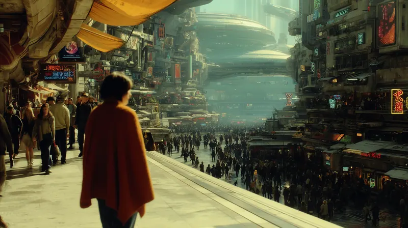 Woman in a red shawl in a crowded harbor street