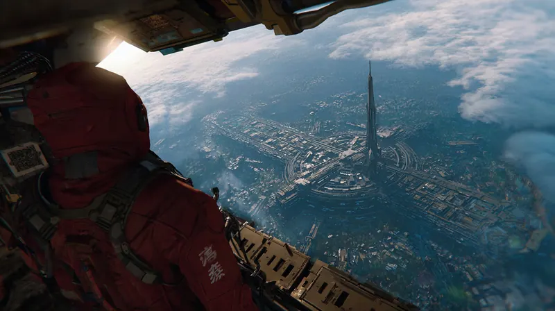 View from an open hatch high above a city, a spire rising through the clouds