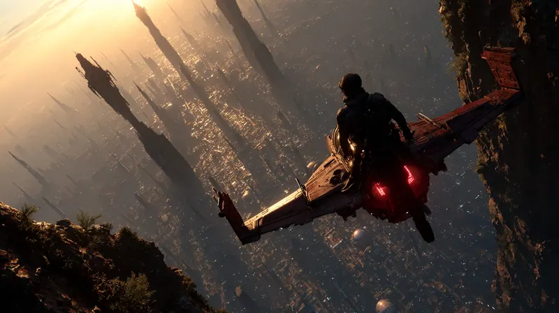 Rider on a flying bike diving past a cliff in low sun