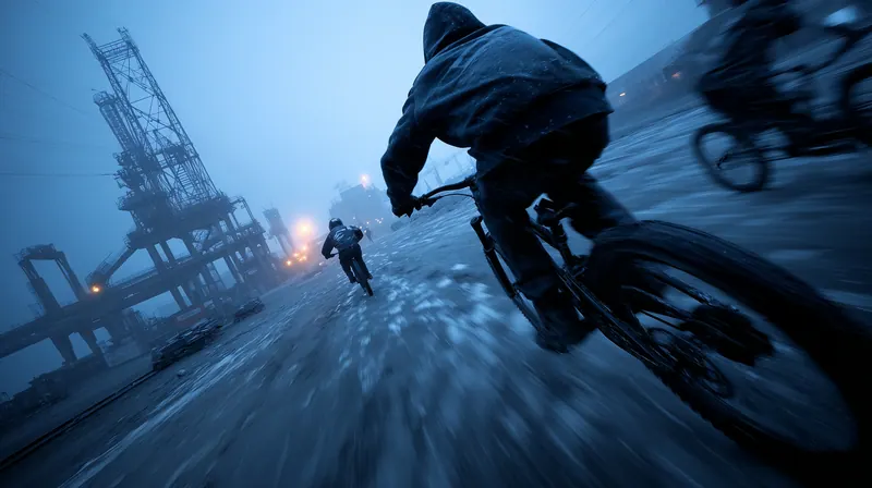 Hooded riders racing down a steep ramp on bikes