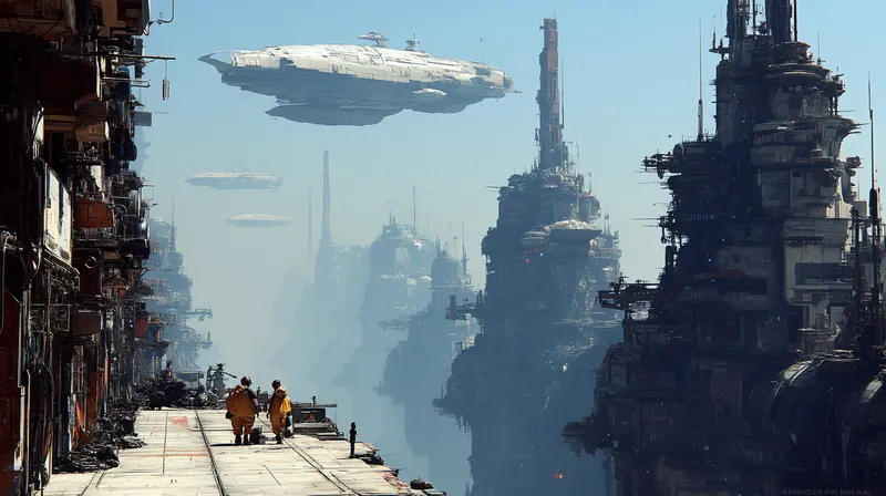 Two people on a walkway between giant towers, an airship overhead
