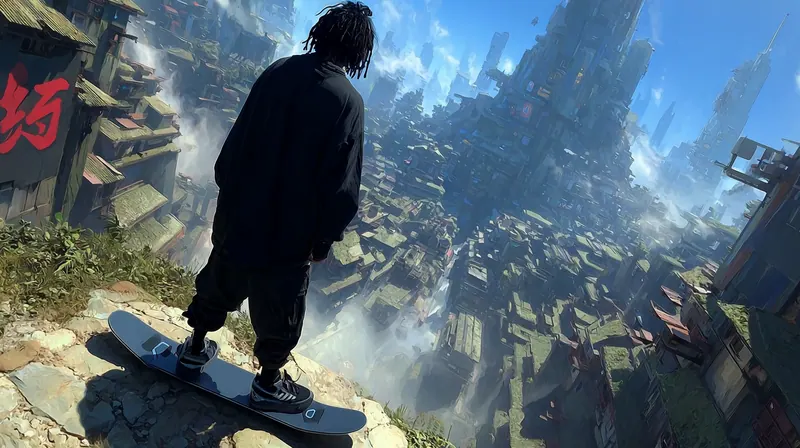 Person on a board at a rooftop edge above a sprawling city
