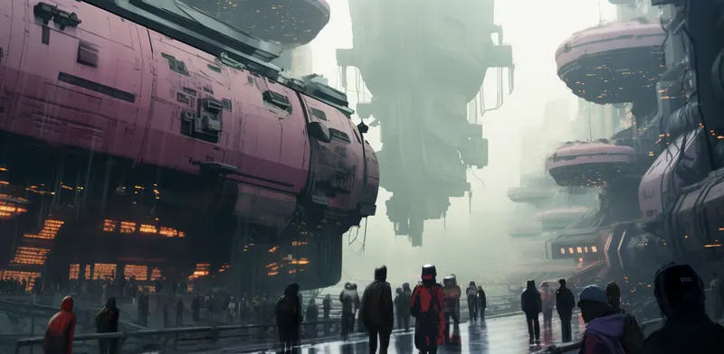 Crowd on a platform under a pink airship and hanging towers