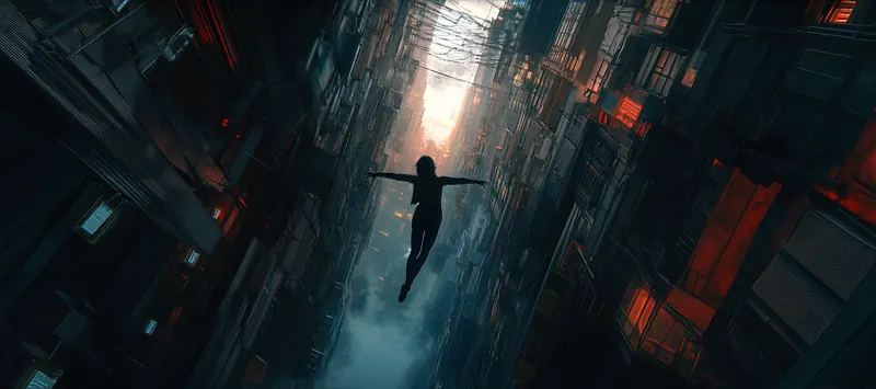 Figure falling down a narrow shaft between towers