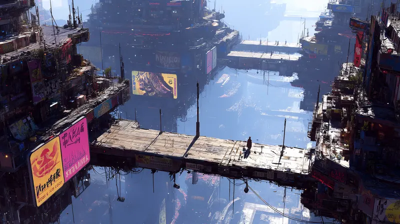 Wooden bridge between stacked buildings over a deep drop