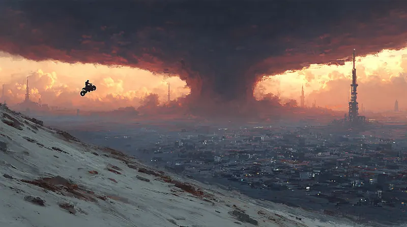Rider on a flying bike above a snowy slope, a spire on the horizon
