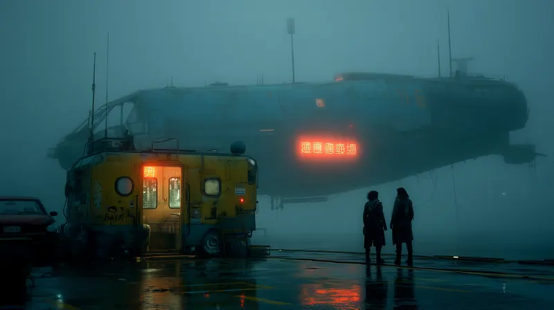 Two people in the rain beside a stranded bus and a huge ship in the fog