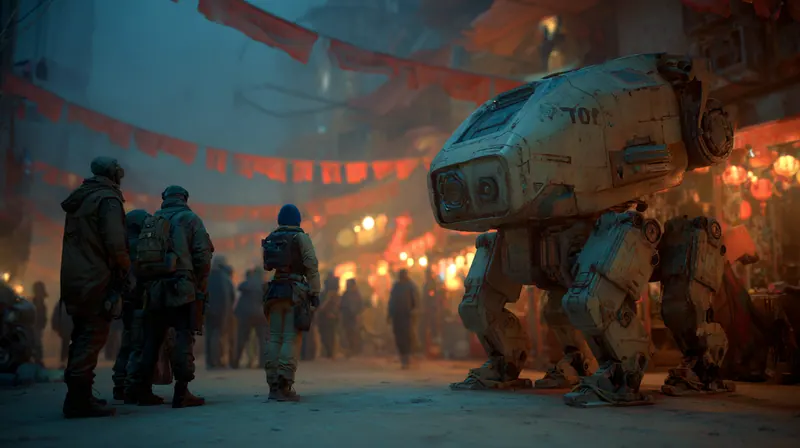 Crowd and an armed walking machine in a lantern lit street
