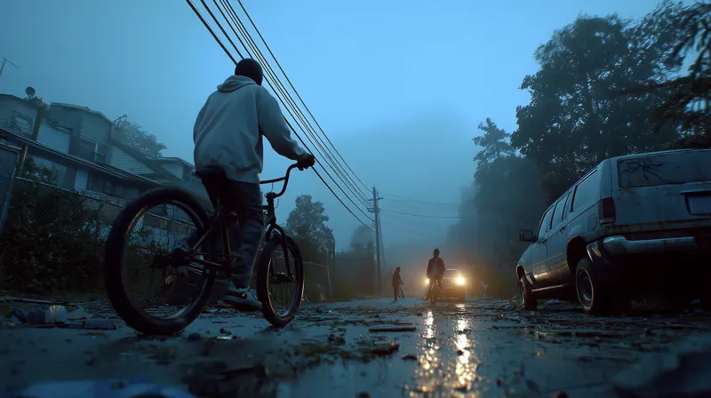 Boy riding a bike down a foggy street under power lines