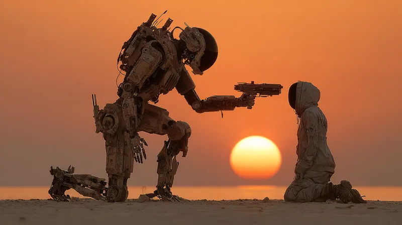 Battered robot handing a pistol to a kneeling hooded figure at sunset