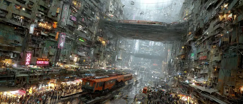 Busy canyon street between stacked buildings, a bridge overhead