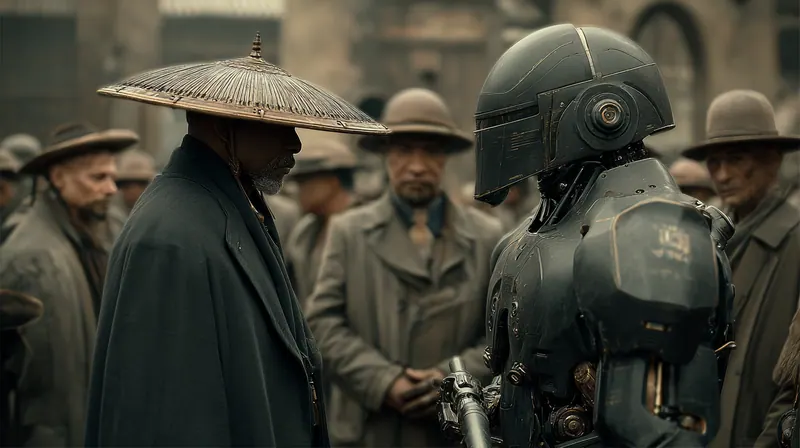 Robot in a helmet among men in coats and hats