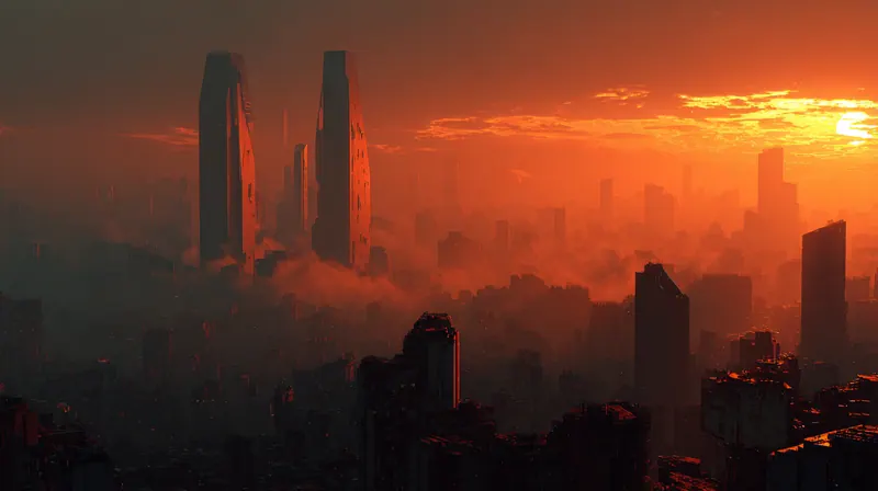 City skyline under a burning orange sky