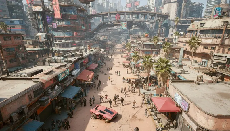 Sandy street with palm trees, market stalls and walkways
