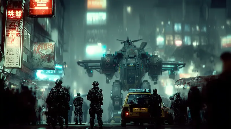 Armed police and a hovering gunship in a rainy neon street