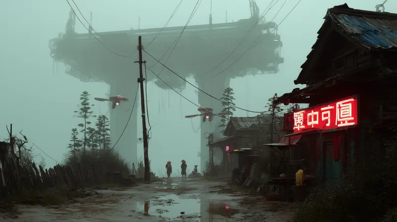 Power poles and a red neon sign below a giant platform in the fog