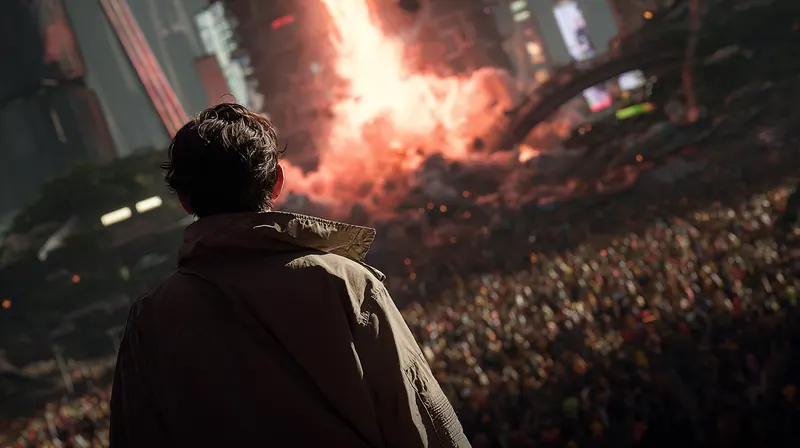 Person watching a huge crowd and a red blast between towers