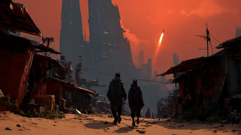 Two people walking through a shanty town under red cliffs