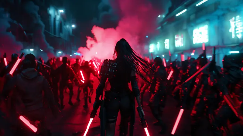 Crowd with red light batons under neon signs and red smoke