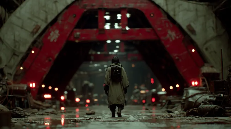Person walking through a red gate into a tunnel
