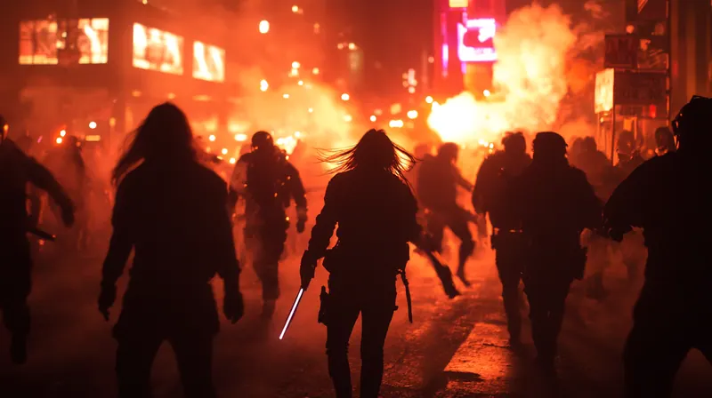 People running through a burning street