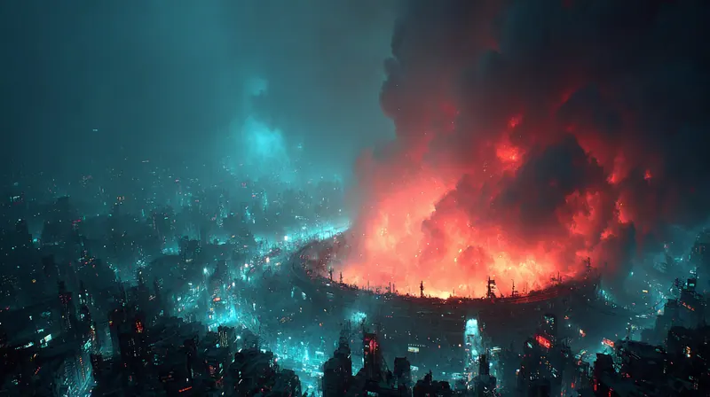 Red fire rising from the middle of a city at night