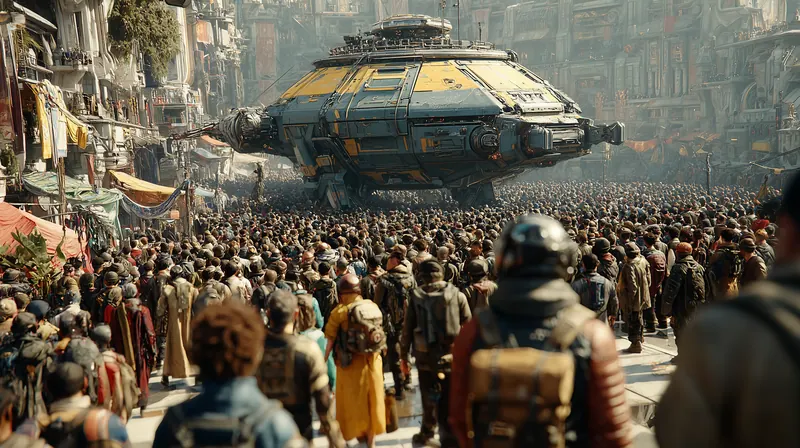 Crowd gathered around a landed ship in a market street