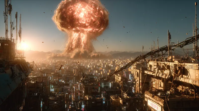 Mushroom cloud over a dense city seen from a scaffold