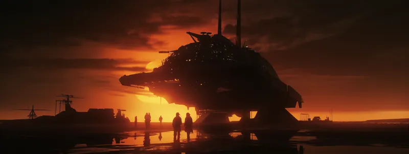 Huge ship silhouetted against an orange sunset over water