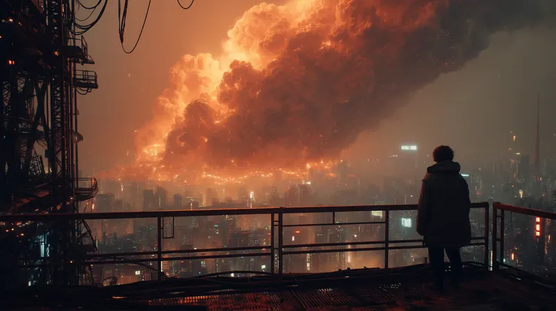 Figure at a railing watching orange smoke over the city