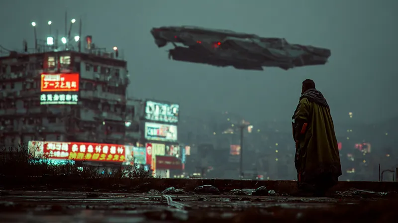 Cloaked man on a rooftop watching a ship pass over neon buildings