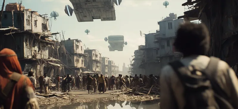 Crowd in a broken street under hovering ships