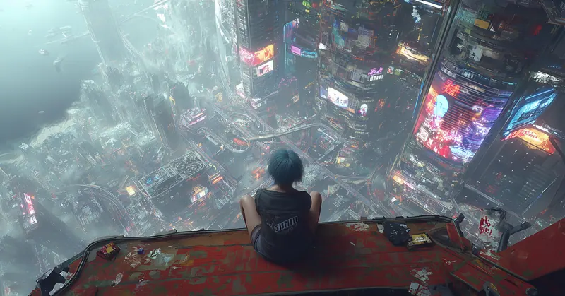Woman sitting on a ledge above a deep city canyon full of screens