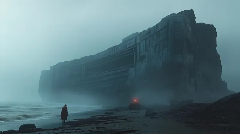Lone figure on a misty shore below a giant structure