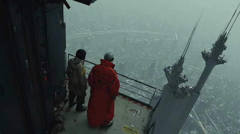 Two people on a balcony looking at a tower above the haze