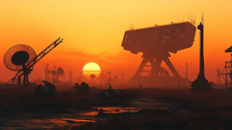 Sun setting behind a walking machine and a radio dish