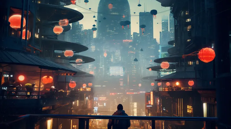 Market street with red lanterns and saucer shaped roofs