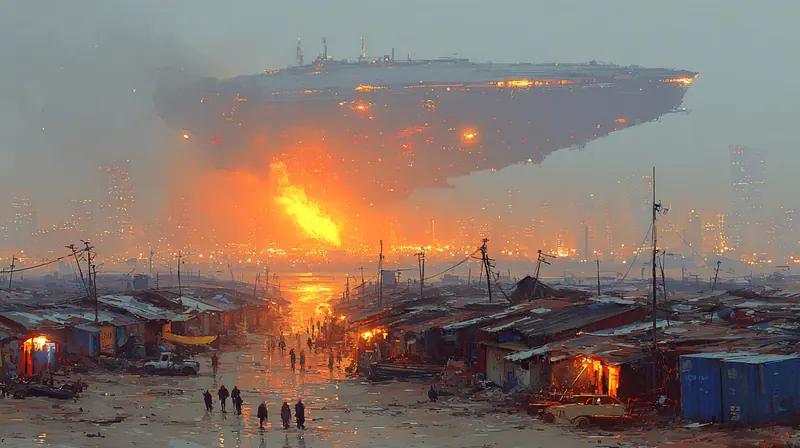 Burning ship falling over a shanty town at sunset