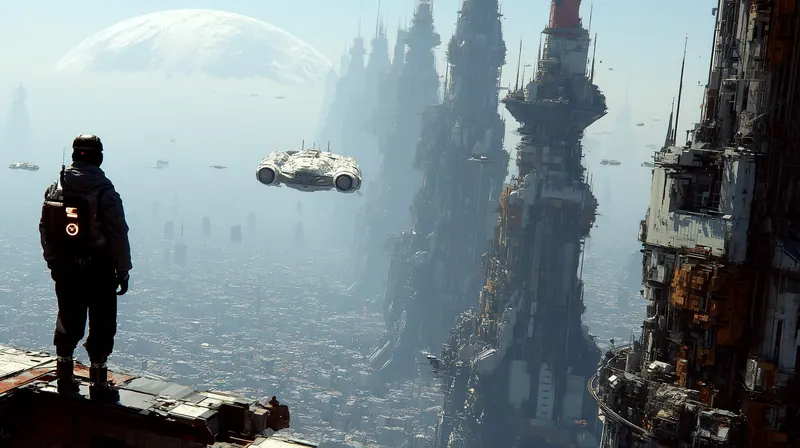 Person on a ledge watching a flying car pass between spires
