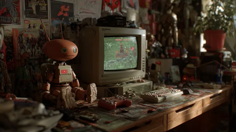 Small robot next to an old computer in a cluttered room