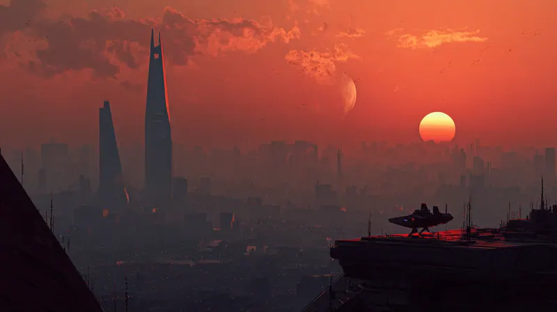 Spires and a red sun over a hazy city