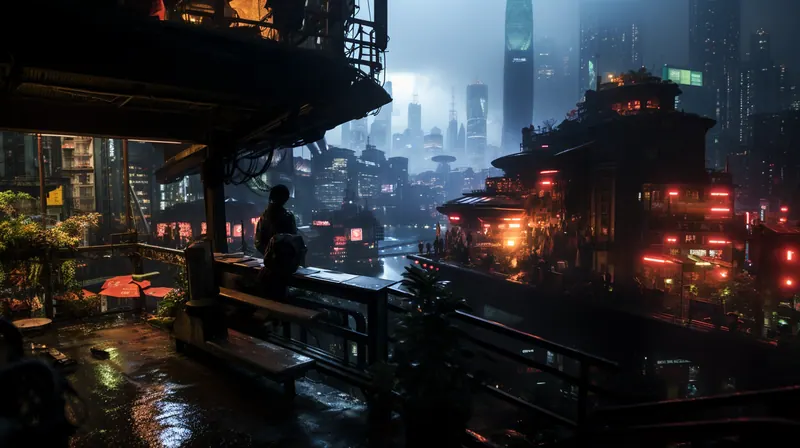 Wooden veranda above a lit city at dusk