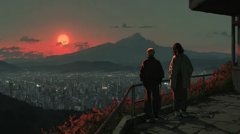 Two people at a railing looking over a city at a red sunset