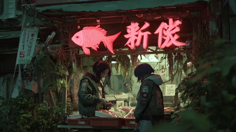Two people at a food stall under a pink neon fish sign