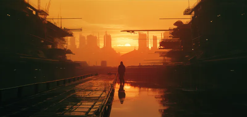 Lone figure on a walkway in golden light between towers